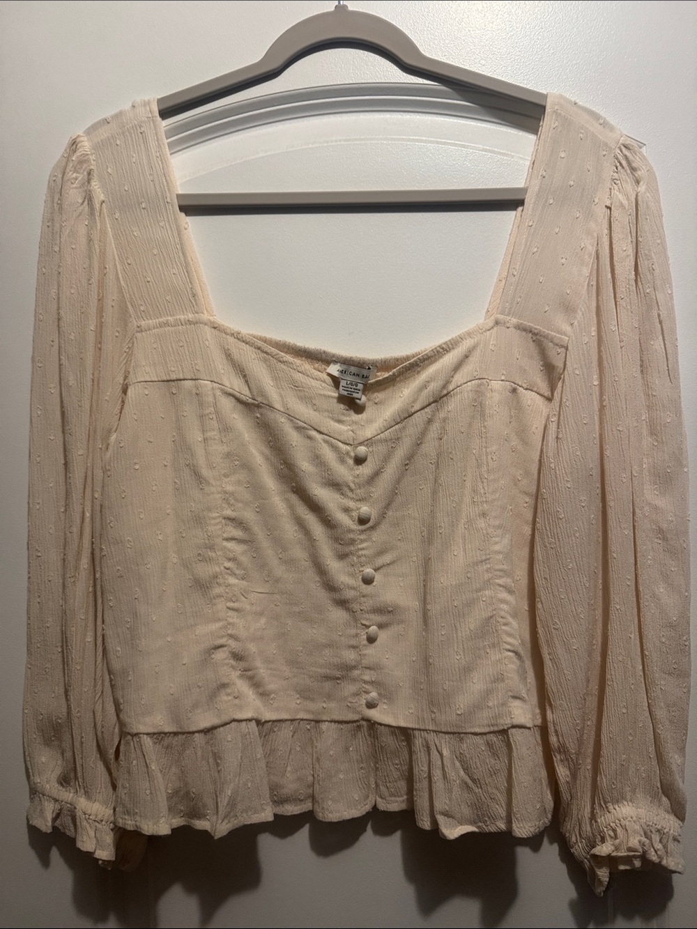 American Eagle Outfitters Cream Textured Square-Neck Button Blouse